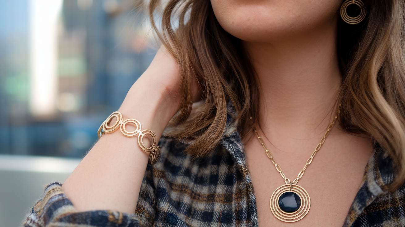 woman's outfit accessories. The woman has brown hair and is wearing a necklace with a large, circular pendant. She is also wearing a bracelet and earrings