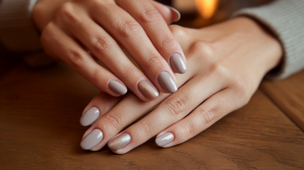 A medium-length shot of a woman's hands with neutral-colored nails. The nails have a subtle shimmer and are painted in shades of beige, pink, and blue. The nails are neatly filed and have a clean, polished appearance. The hands are placed on a wooden surface. The background is warm and inviting.