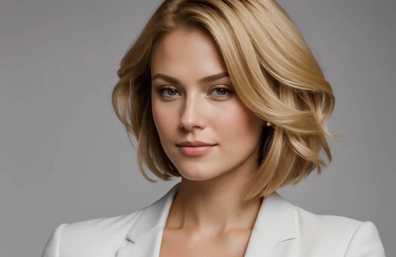 oval face shape with really amazing, gorgeous Layered Lob haircut and Honey Blonde hair color