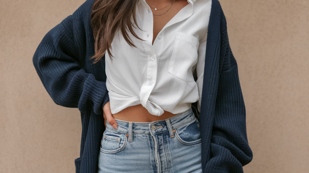 woman wearing a casual jean outfit. She is wearing a white button-up shirt and a navy blue cardigan. The shirt is partially unbuttoned