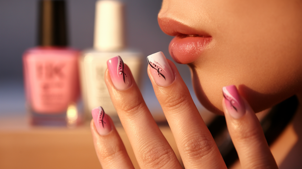 Side profile photo, closeup to Korean Negative space nail art , warm lighting