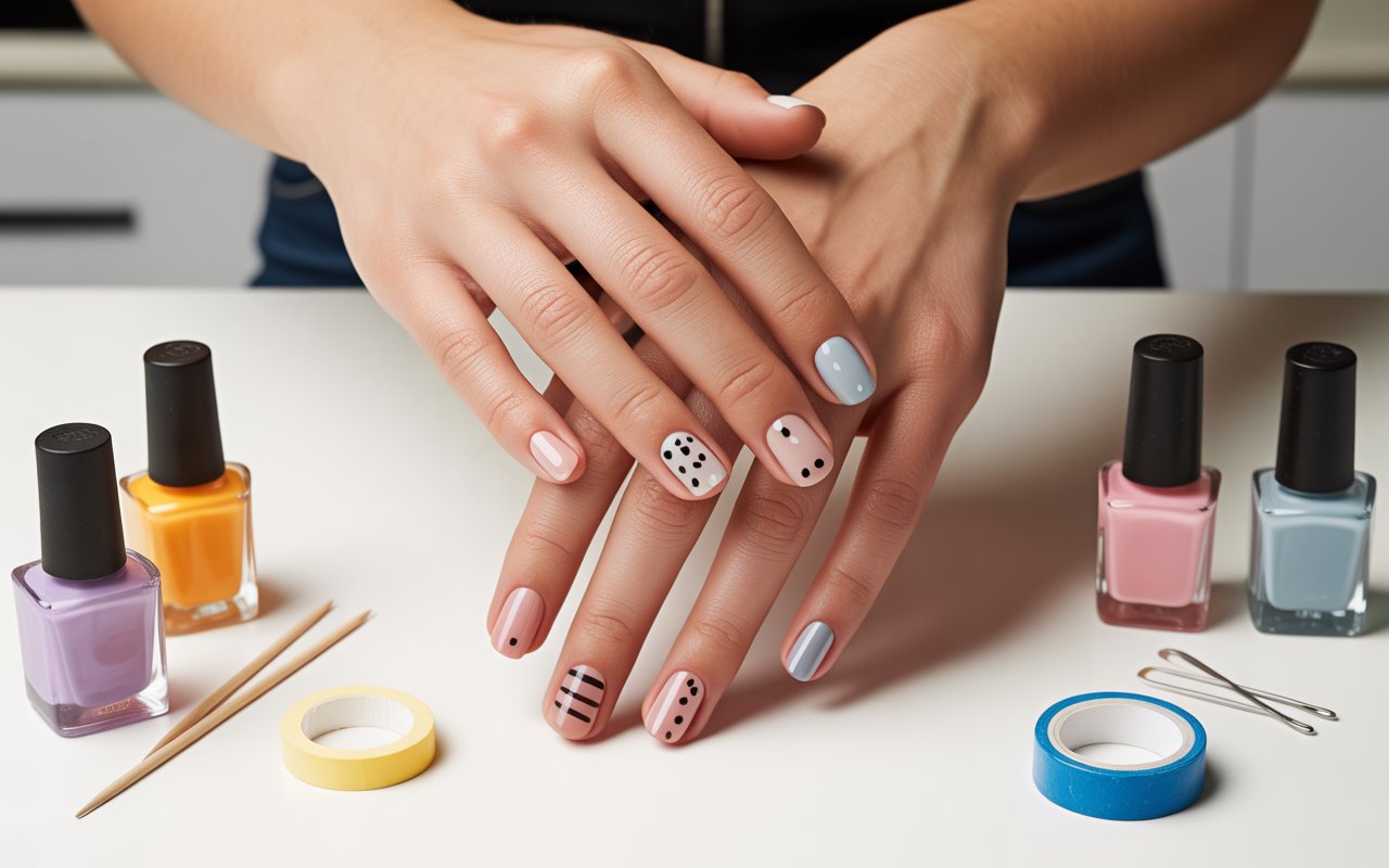 perfectly manicured hands displaying nine different beginner-friendly nail art designs on individual fingernails