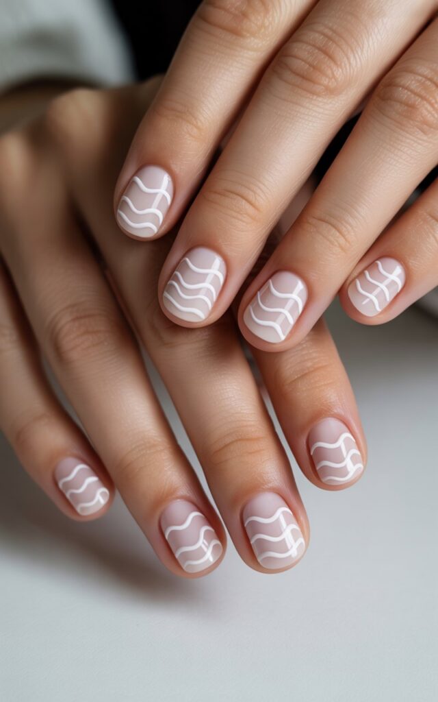 perfectly manicured hands displaying wavy line nail art designs in high definition detail