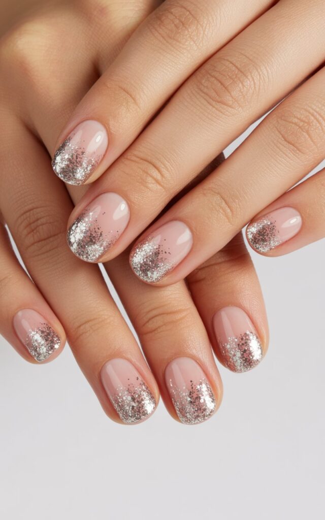 perfectly manicured hands showcasing glitter tip nail art against a clean white background