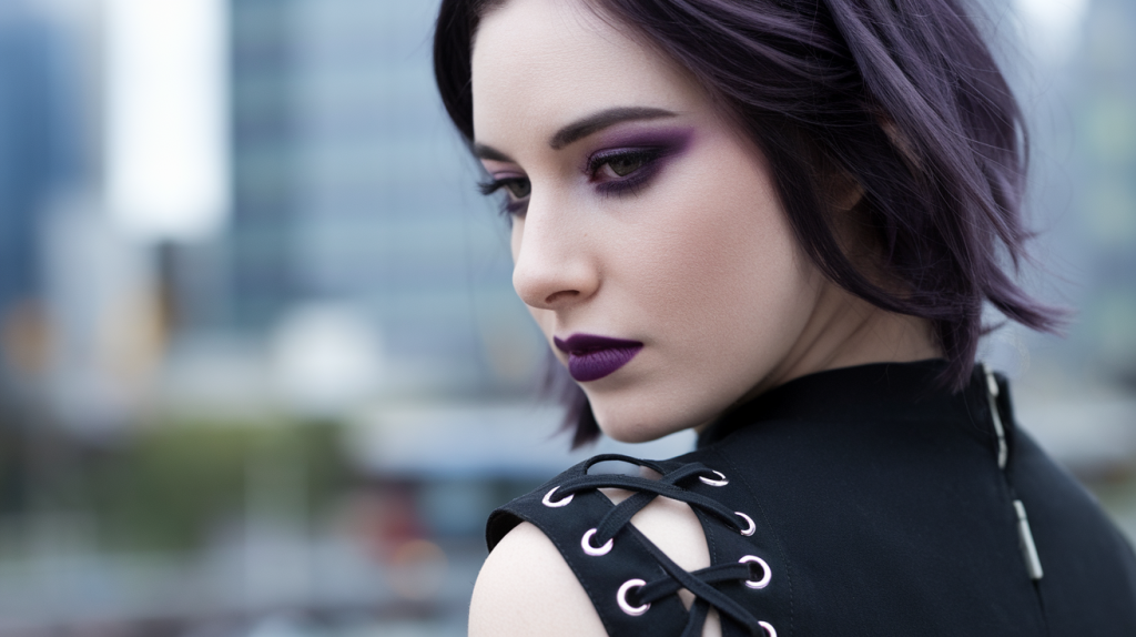 woman with a goth makeup style. She has dark purple hair and wears dark purple lipstick