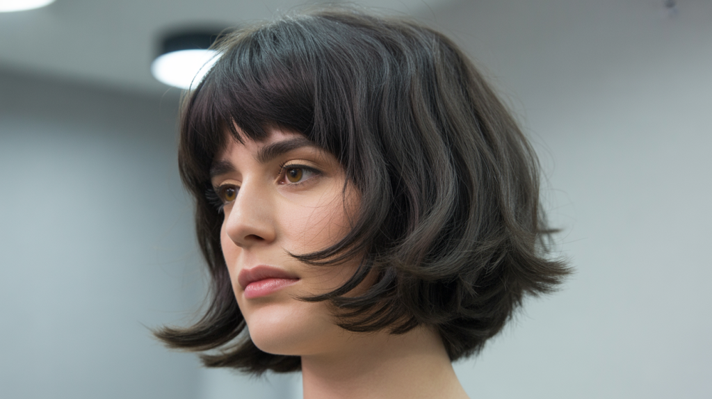 A studio portrait photograph showcasing a Bosnian woman's distinctive shaggy bob hairstyle with face-framing bangs. Her dark, textured hair falls gently around her shoulders, highlighting the choppy layers and natural movement of the cut,