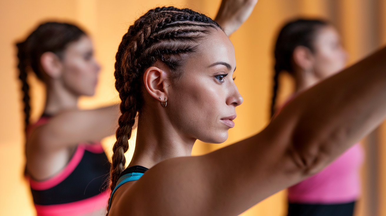 A photo of a woman doing Zumba with a side profile view, taken from a closeup angle. She has her hair braided. The background is warm lighting.