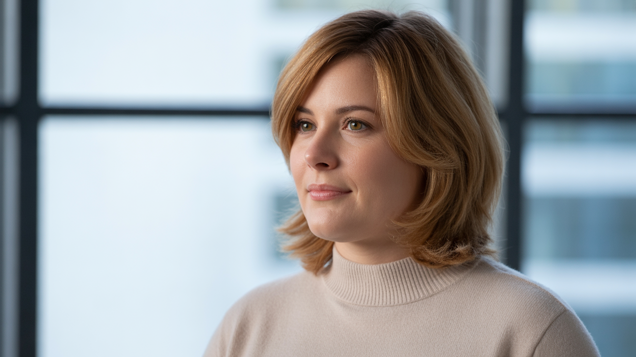A professional portrait photograph of a woman with a medium, subtly layered hairstyle framing her round, chubby face in a three-quarter profile view.