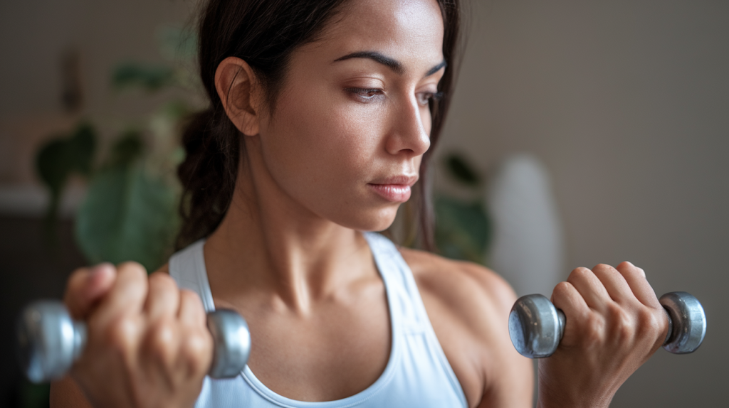 profile photo of a woman doing the bicep curl strength training exercise at home