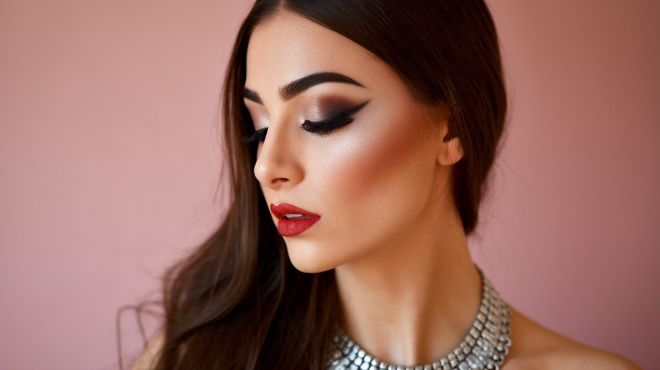 A side profile photo of a woman with glam makeup, with a closeup shot on her face. She has long, dark hair and wears a silver necklace. The makeup is intricate, with dark eyeshadow, bold brows, and red lips. The background is a soft pink. The lighting is gentle and natural.