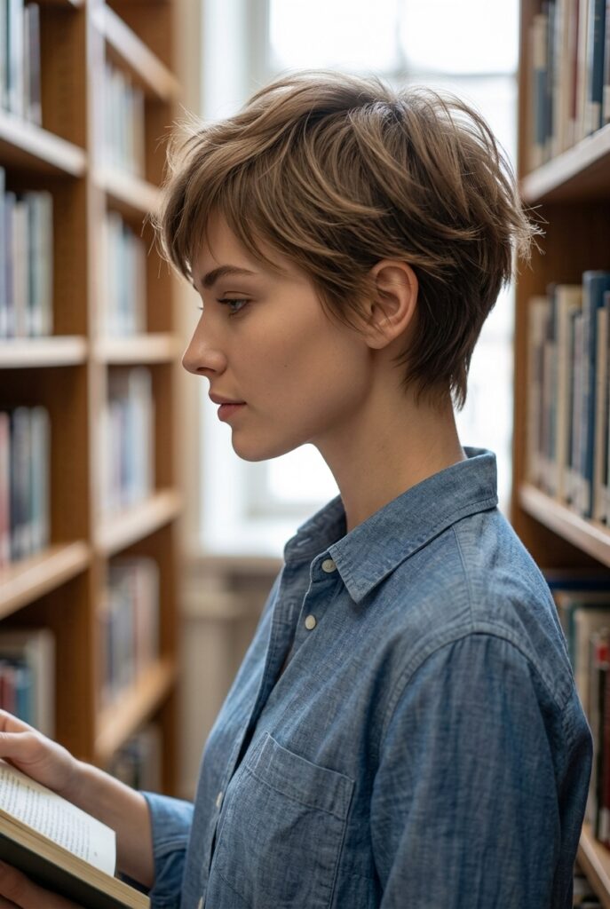 razor cut pixie with feathered wispy edges and a light soft finish on a woman in side profile in a library razor cut pixie with feathered wispy edges and a light soft finish on a woman in side profile in a library