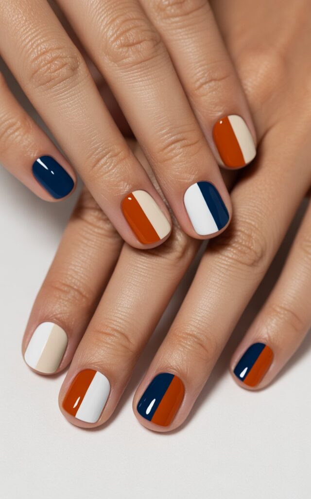 reshly manicured hands displaying color block nail art against a clean white background