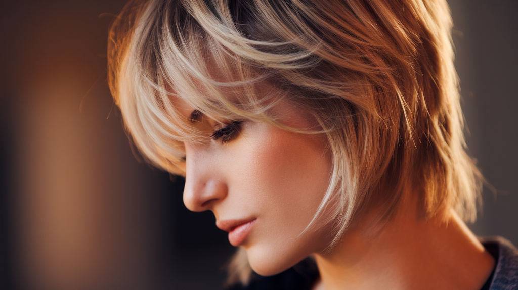 A photo of a woman with a side profile view. The woman has a short haircut with layers. The photo is in closeup, focusing on the woman's hairstyle. The lighting is warm, with a soft glow on her face. The background is blurred out.