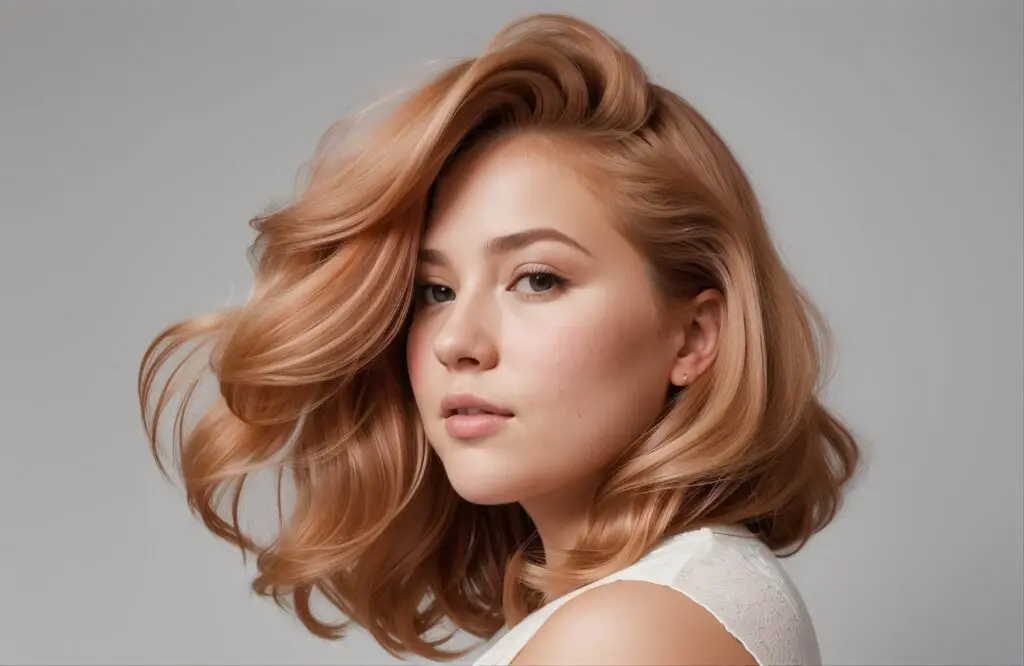 round chubby face with flattering hairstyle and Peach hair color