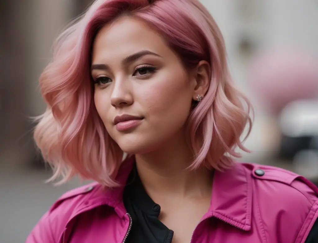 round chubby face with flattering hairstyle and hot pink hair color