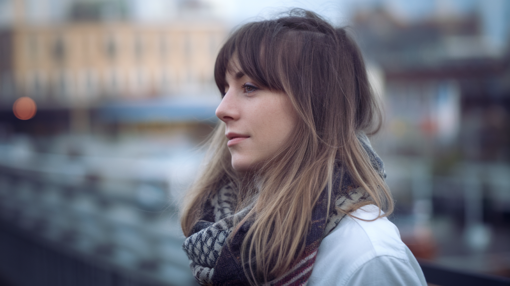 A side profile photo of a woman with long hair and bangs. She has brown hair and is wearing a white shirt and a patterned scarf. The background is blurred and contains a cityscape with buildings. The mood is serene.