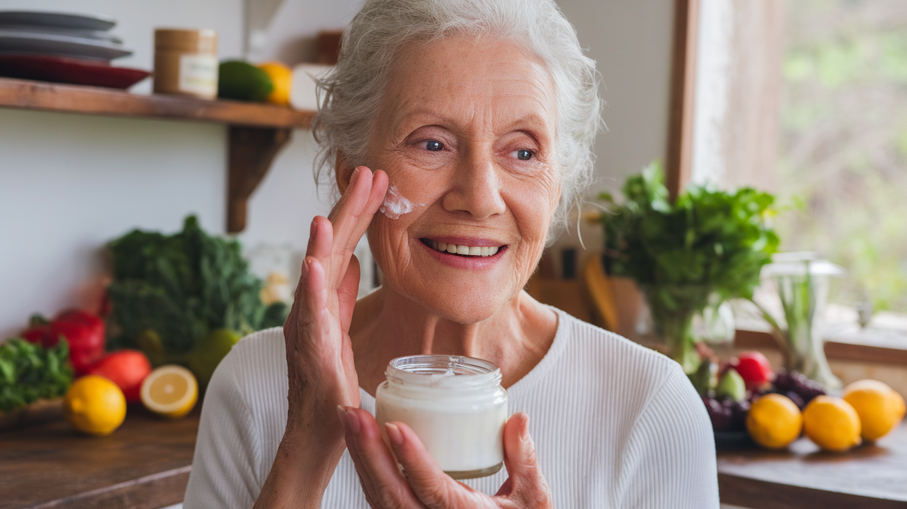 A photo of a grandmother with a radiant complexion, emphasizing the natural anti-aging skincare secrets she has passed down. She is holding a jar of her homemade anti-aging cream, made with ingredients like honey, lemon, and aloe vera