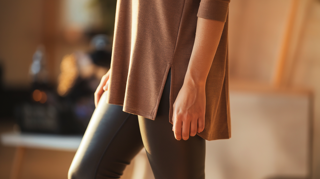 A photo of a side profile of a woman wearing leggings and a tunic. The lighting is warm. The background is blurred and contains a few objects.