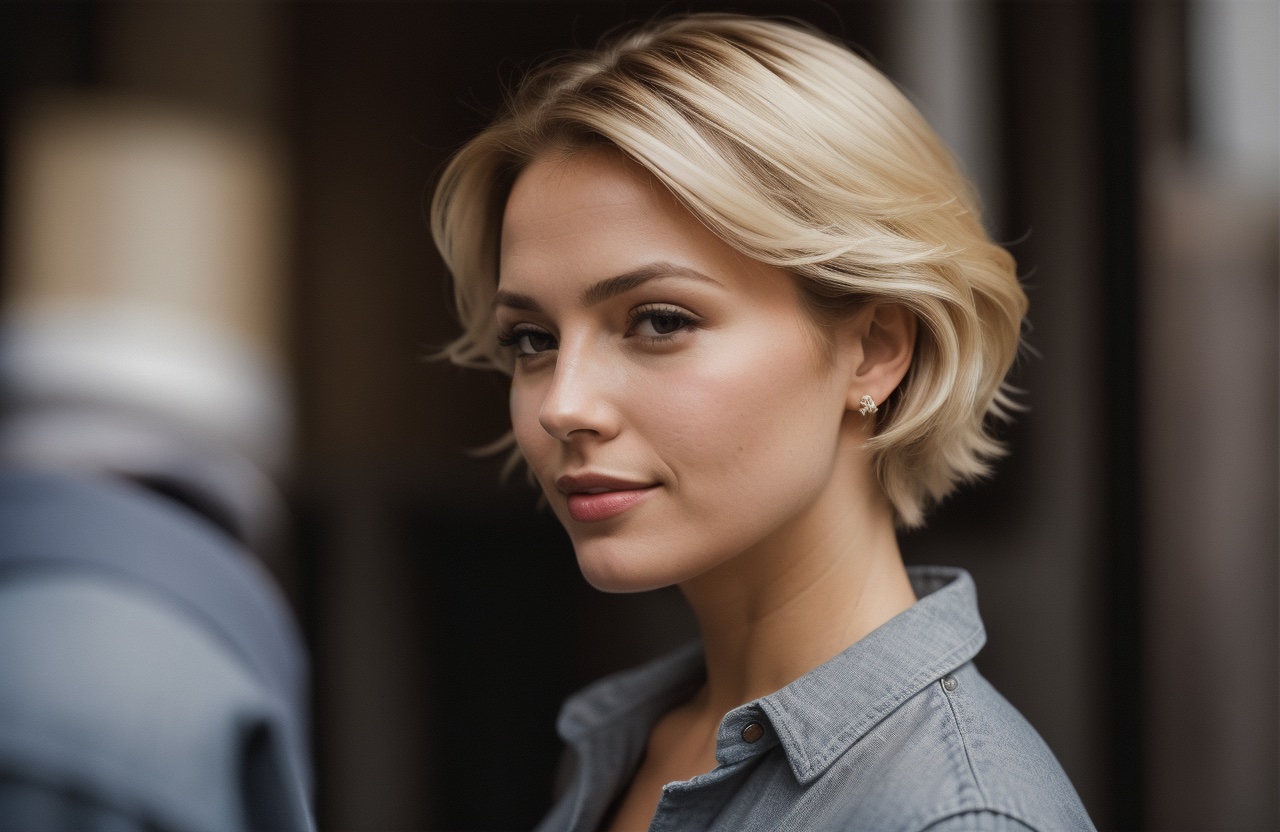 short Haircut and very light blonde hair color.