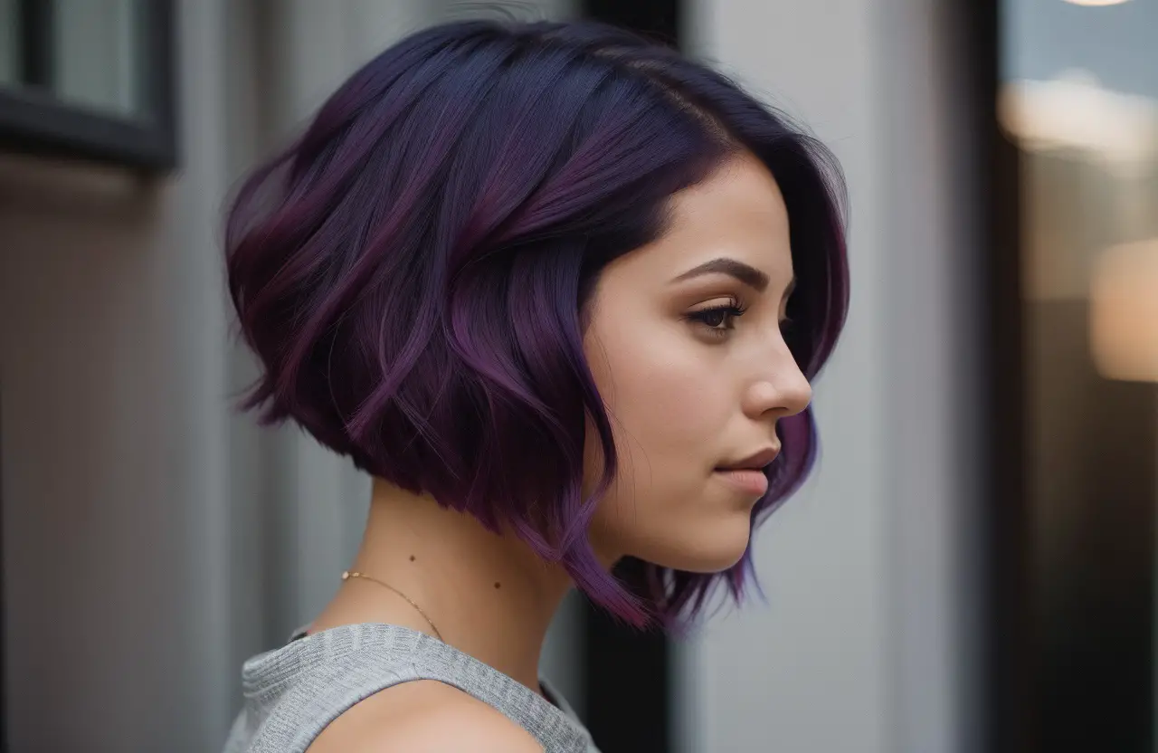 short angled bob haircut with a vibrant Blueberry hair color in side view