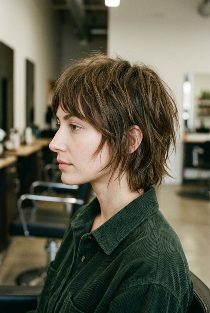 short choppy shag with curtain fringe and jagged layers on a woman in side profile at a hair salon short choppy shag with curtain fringe and jagged layers on a woman in side profile at a hair salon