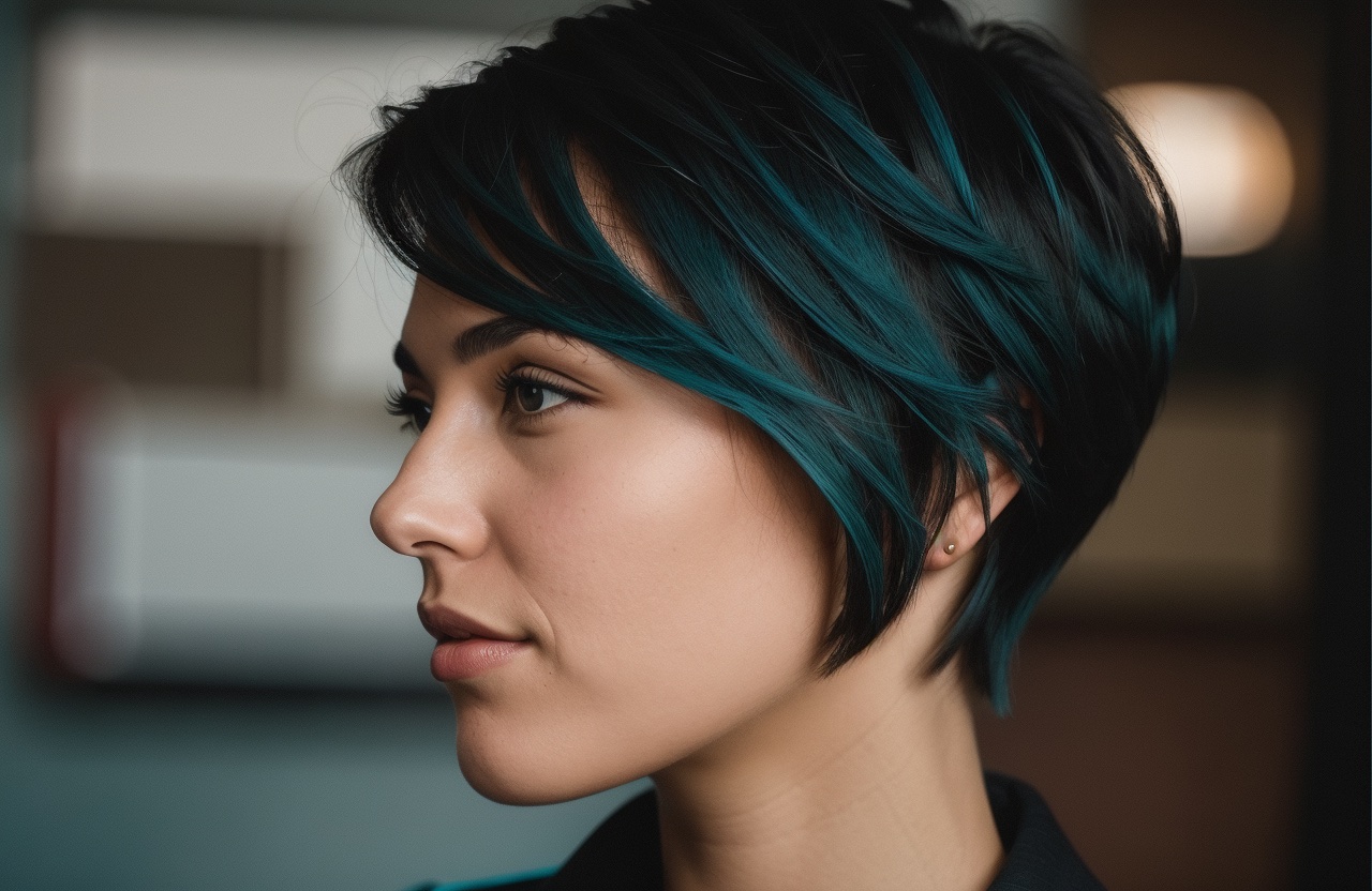 short haircut and Teal hair color