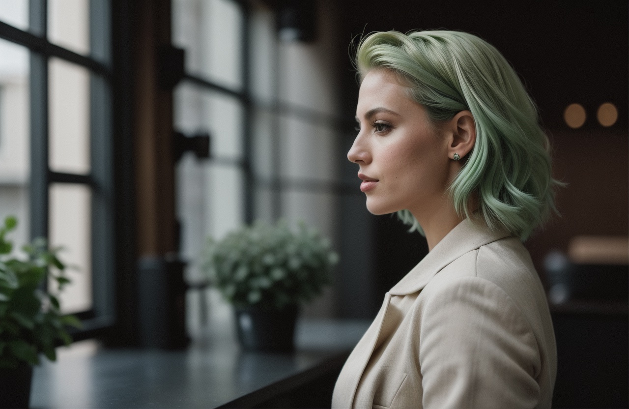 short haircut with Mint Green hair color