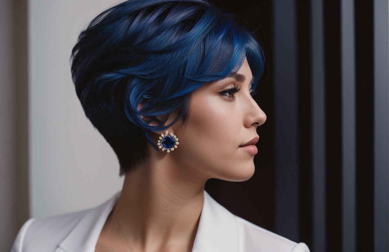 short shag haircut with a vibrant Sapphire hair color