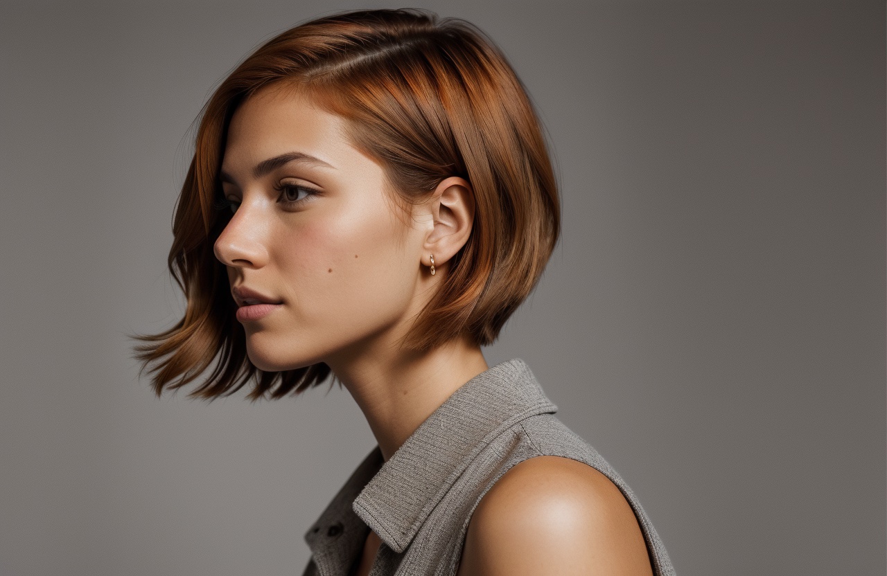 short straight haircut with layers and Burnt Orange hair color