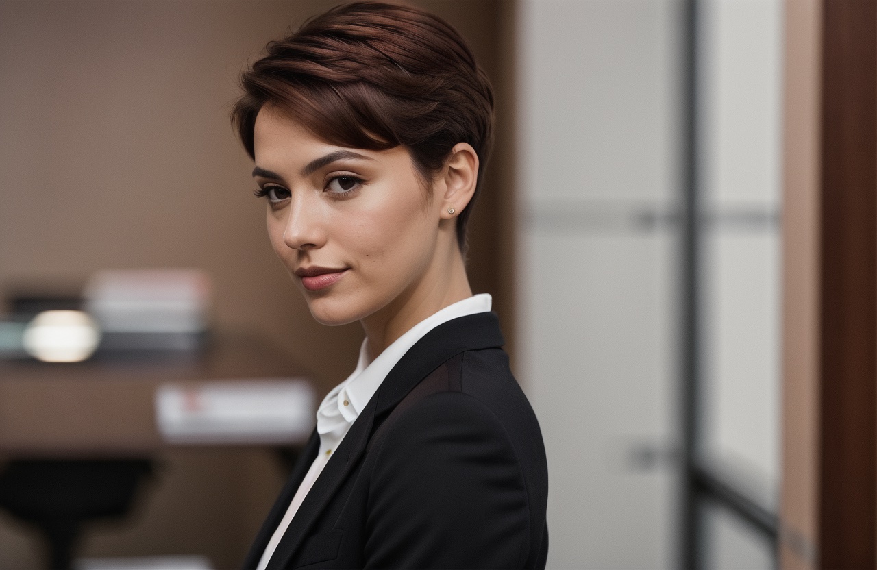 short straight pixie haircut dyed with Chocolate Rose Gold hair color