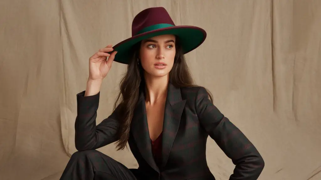 silk-lined fedora in burgundy and forest green tones