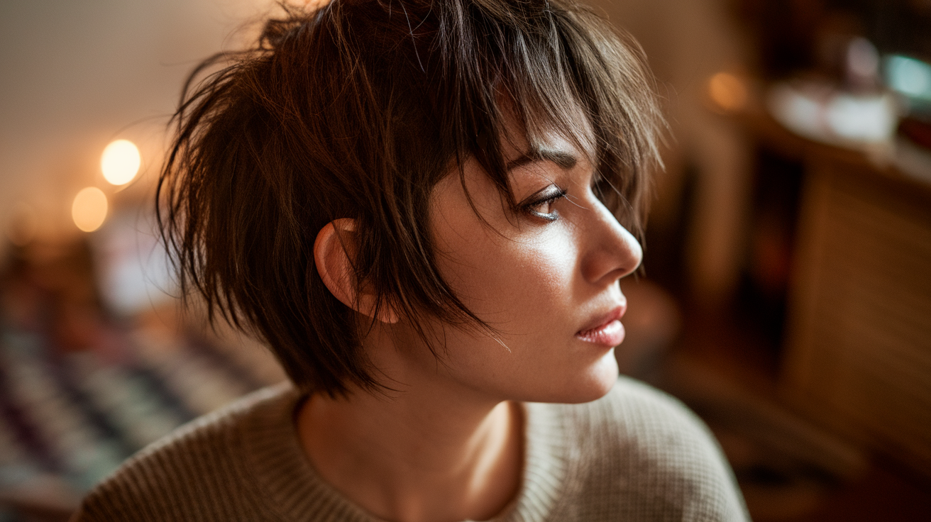 A side profile photo of a Honduran woman with a messy short haircut. She has dark hair and is wearing a beige sweater. The lighting is warm and soft. The background is blurred, showing a cozy room with a patterned rug and a few items.