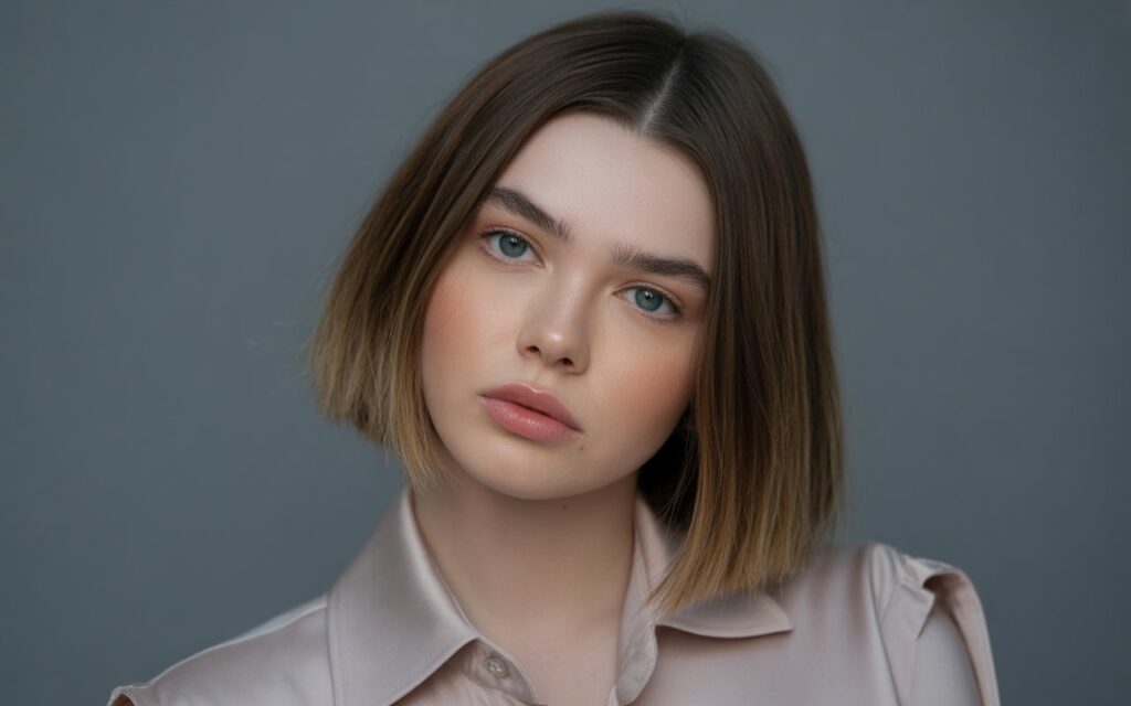 Professional female fashion model with round chubby face and bob haircut