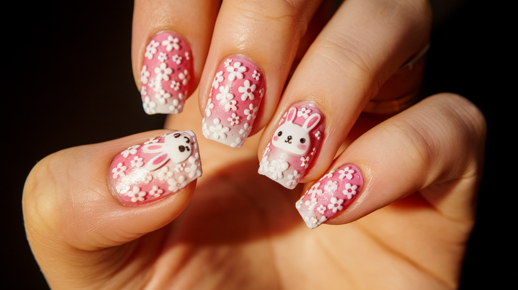 A photo of a Korean 3D gel nail art design. The nails have a gradient of pink to white, with a floral pattern and a cute bunny. The nails are set against a black background. The lighting is warm.