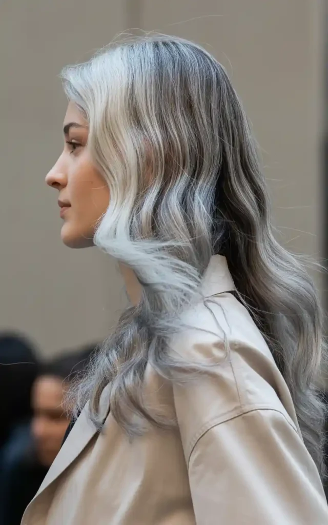Silver Highlights Over Natural Base and gray hair Balayage