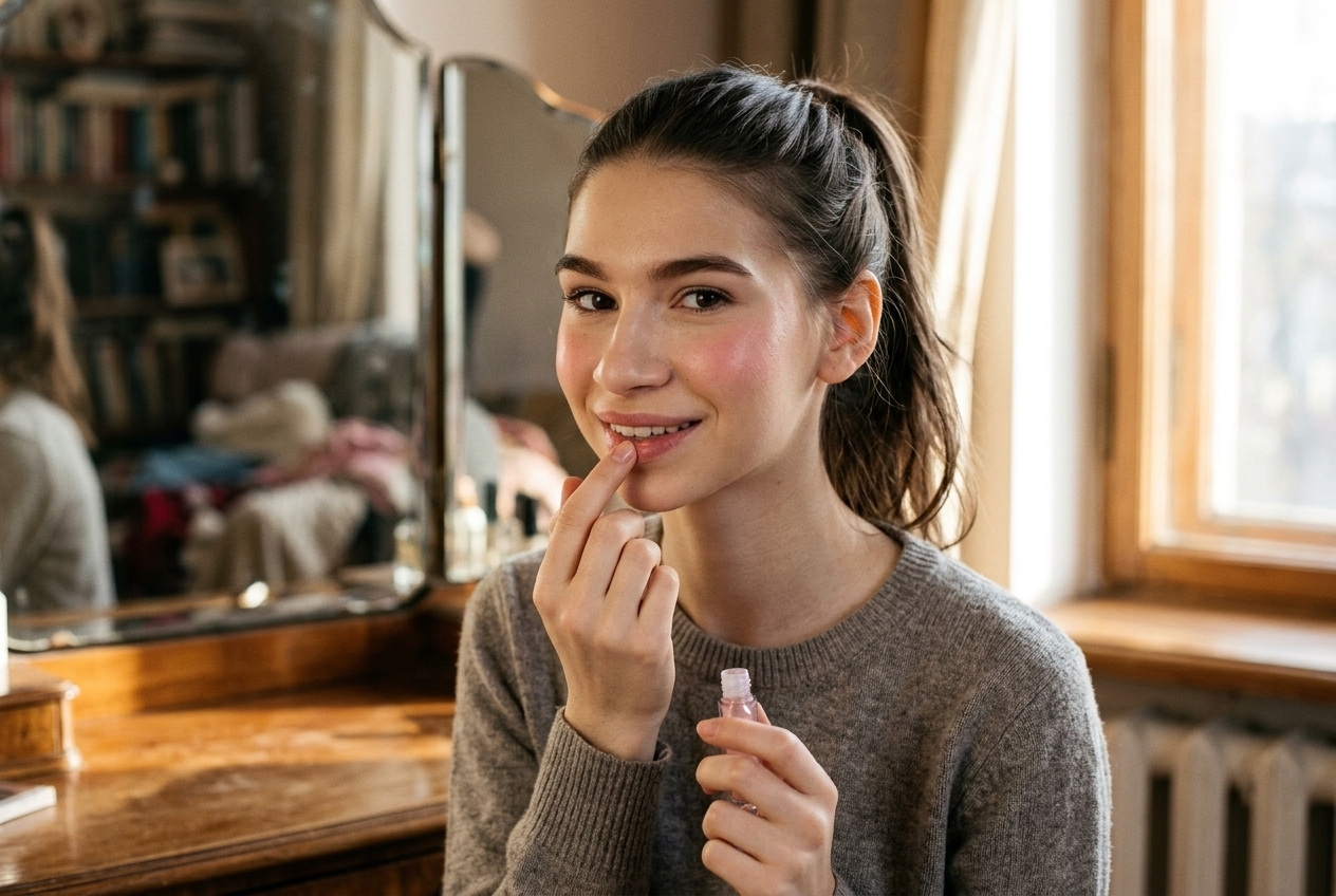 teenage girl, approximately 16 years old, sitting at a vanity mirror applying light natural makeup