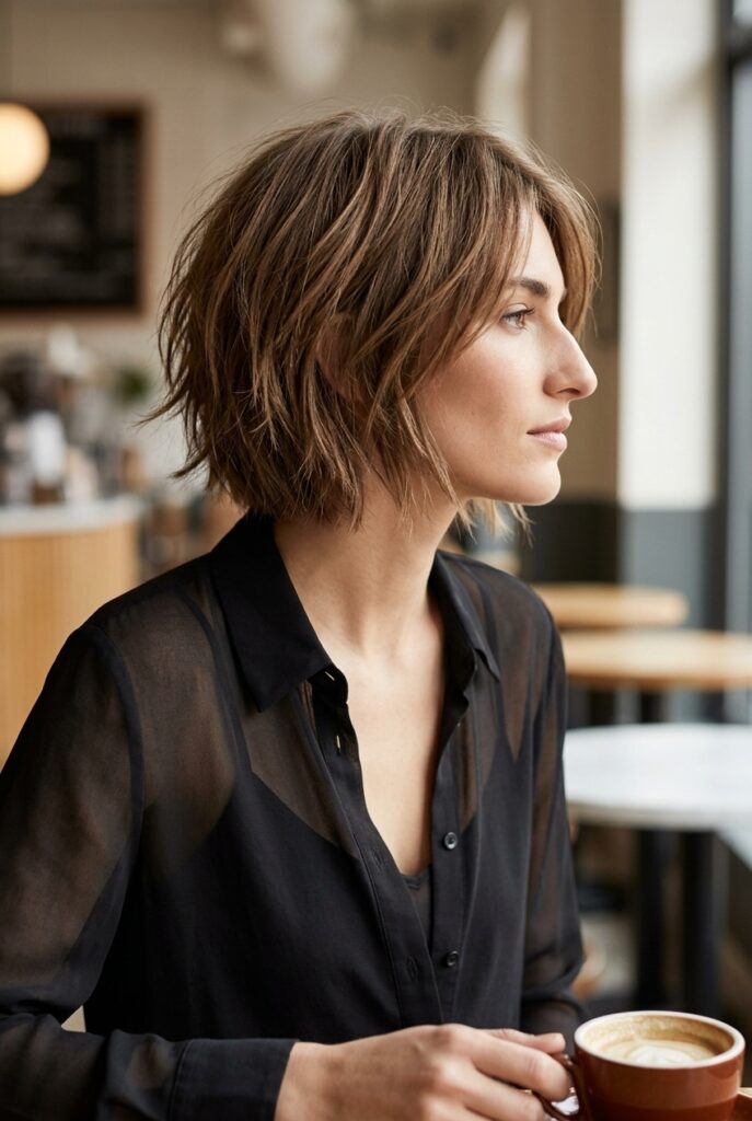 textured choppy bob with piece-y layered ends on a woman in side profile at a coffee shop