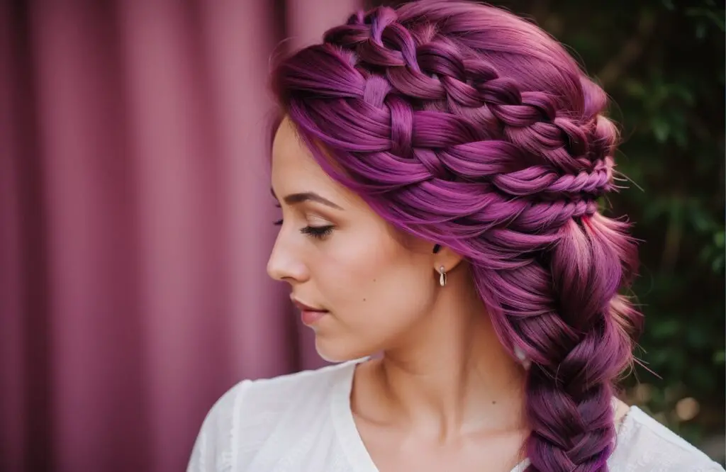 three strand Braid on woman's Magenta hair color