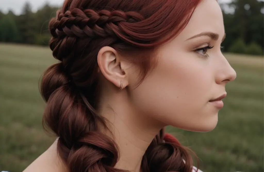 three strand Braid on woman's Ruby Red hair color