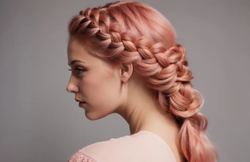 three strand Braid with twists on woman's Coral Pink hair color