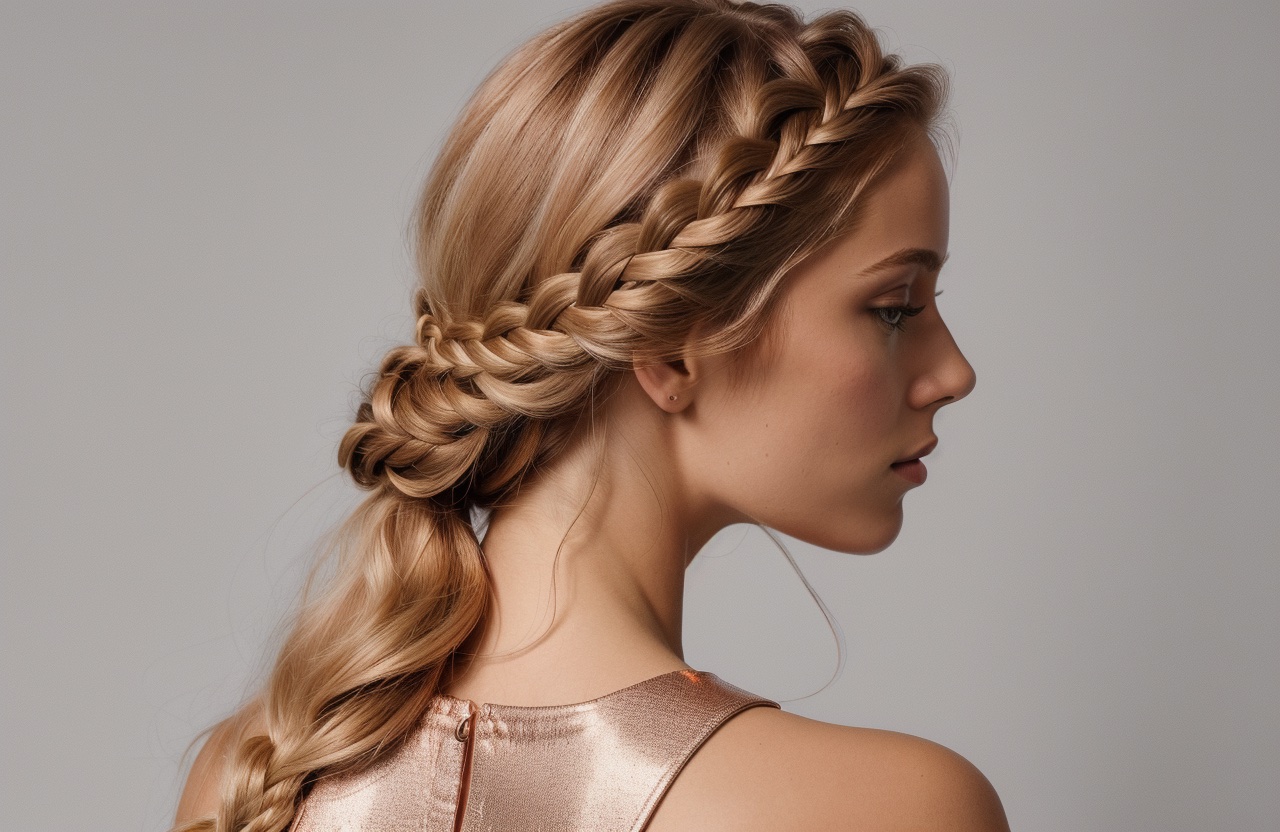 three strand hair Braid on woman's Rose Gold Blonde hair color