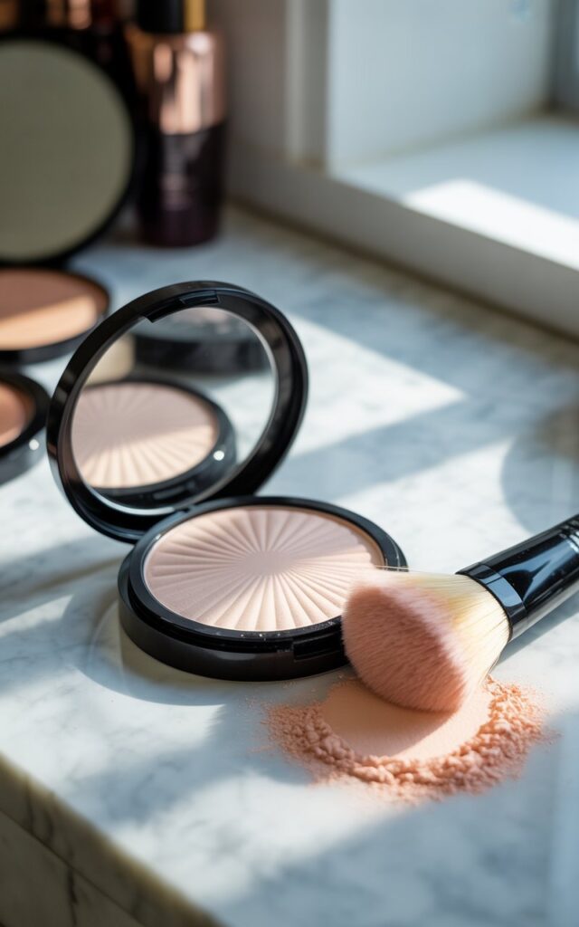 a makeup artist's hand applying peachy-pink blush to a model's cheekbone using a fluffy makeup brush