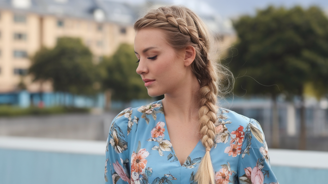 A serene photo of a woman with a Dutch braid in summer. She is wearing a floral dress with a blue background. The woman is of European descent and has blonde hair. The background is a city with buildings and trees.