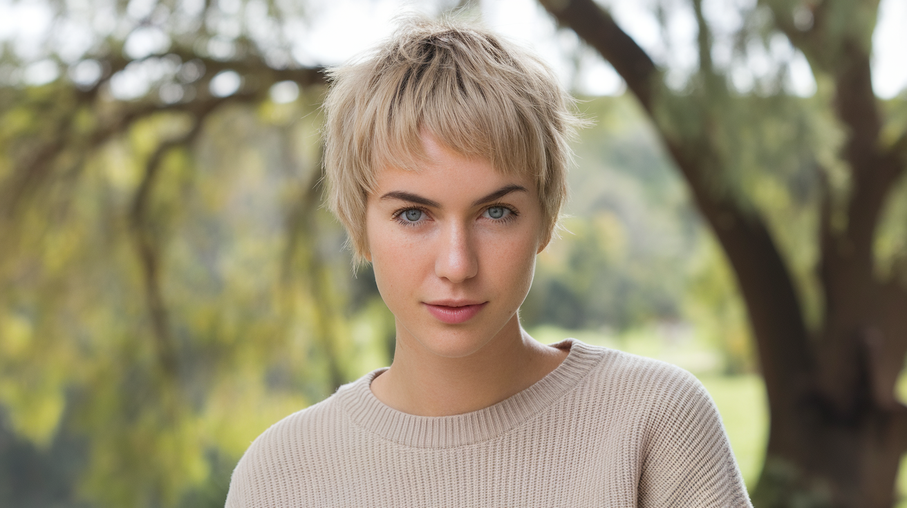 A photo of an Australian woman with a choppy haircut. She has bright blue eyes and is wearing a beige sweater. The background is blurred and consists of lush green trees. The lighting is soft and natural.