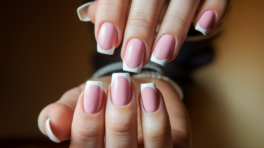 A medium-length photo of French tip nails with a warm lighting. The nails are pink with white tips and are manicured and polished. The nails are on a hand with a wristband. The background is blurred and consists of a beige wall.