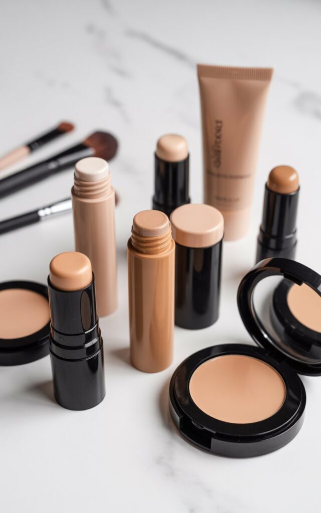 various concealer products arranged on a clean white marble surface