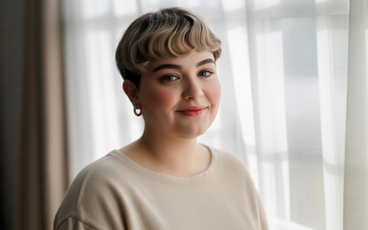 female with round chubby face and short hairstyle