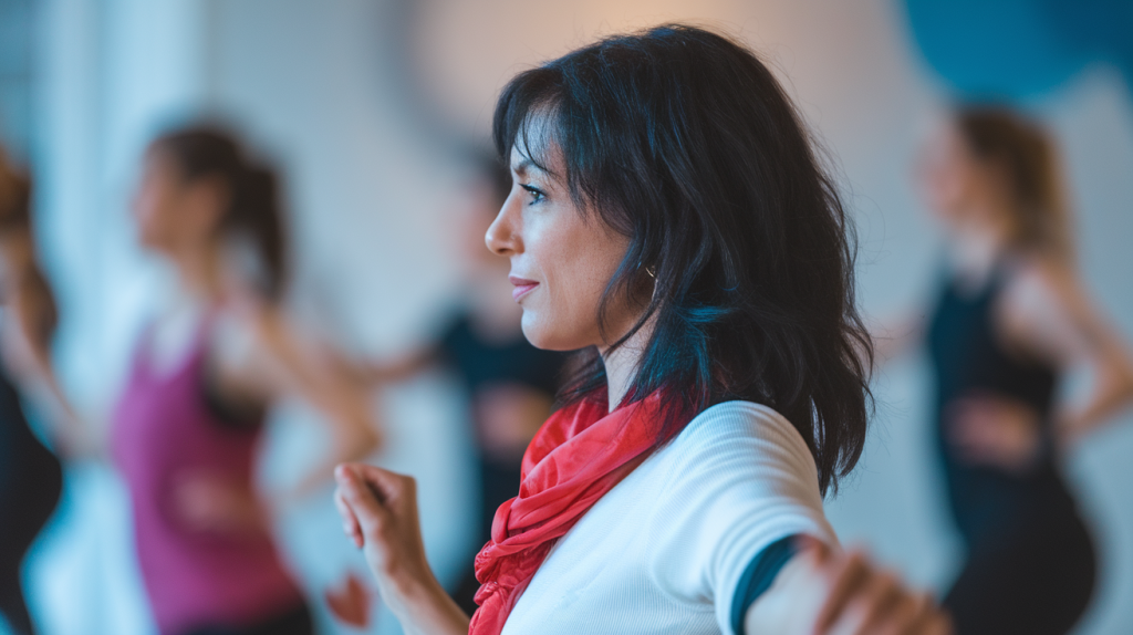 woman with black hair and wearing a white shirt and a red scarf, dancing in a Zumba class