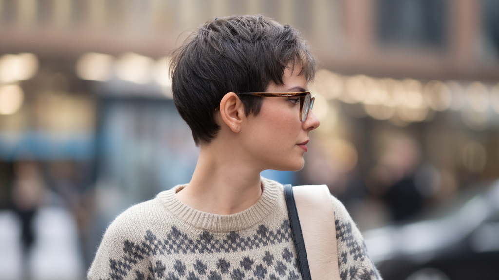 woman with a textured pixie haircut, showcasing her short hair