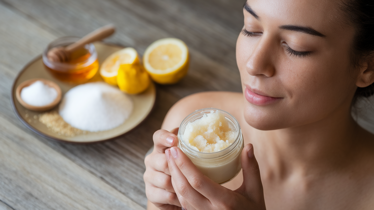 A photo of a woman with a homemade skin care routine. She is holding a jar of homemade face scrub.